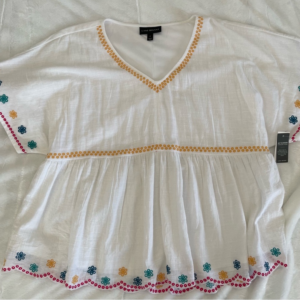 NWT, Lane Bryant White Blouse with Colorful Embroidery, Size 14